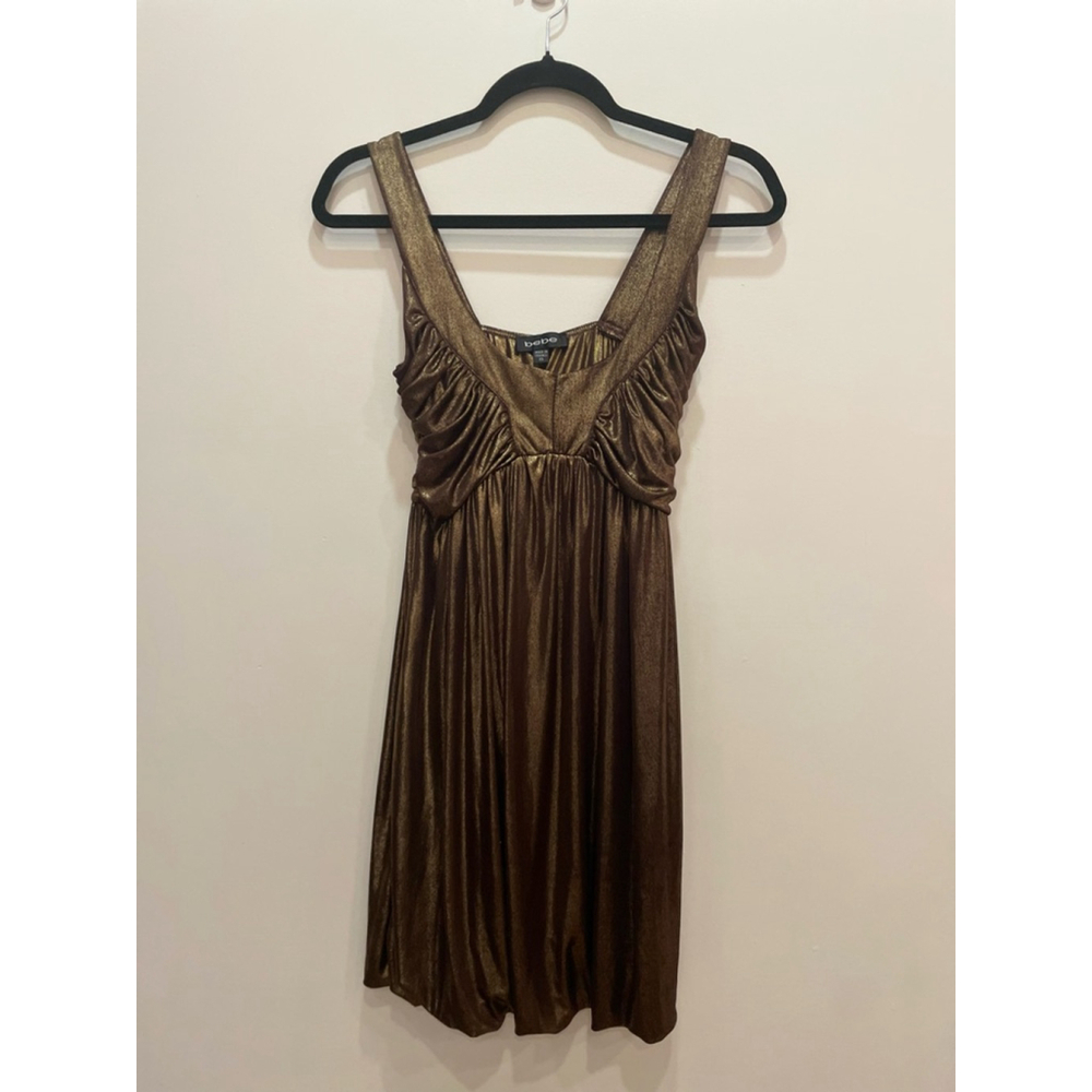 BEBE VTG Y2K Gold Metallic Babydoll Mini Bubble Dress XS Part Going Out Club - Picture 2 of 10